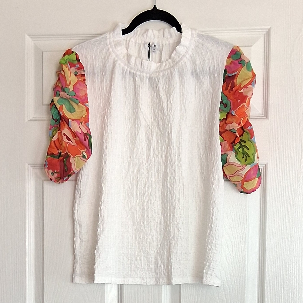 THML White Mock Neck Short Floral Sleeve Blouse